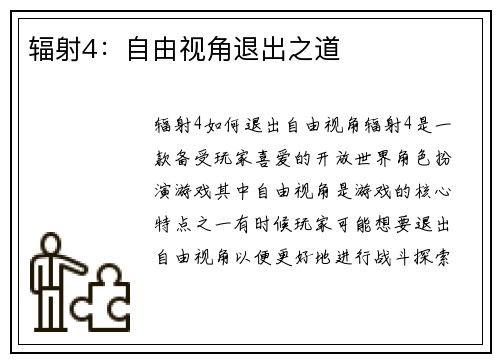 辐射4：自由视角退出之道